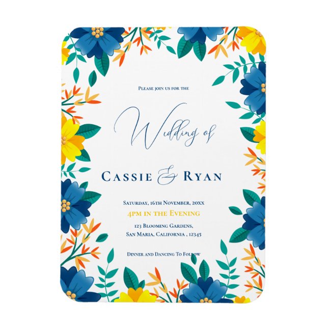 Chic Blue and Yellow Floral Wedding Invitation Magnet (Vertical)