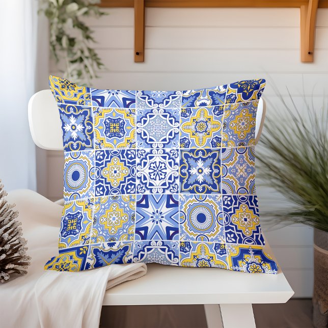 Chic Blue and Yellow Mediterranean Pattern Outdoor Throw Pillow (Creator Uploaded)