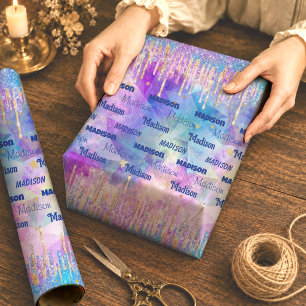 Chic Blue Aqua Dripping Glitter Unicorn Monogram Wrapping Paper Sheets