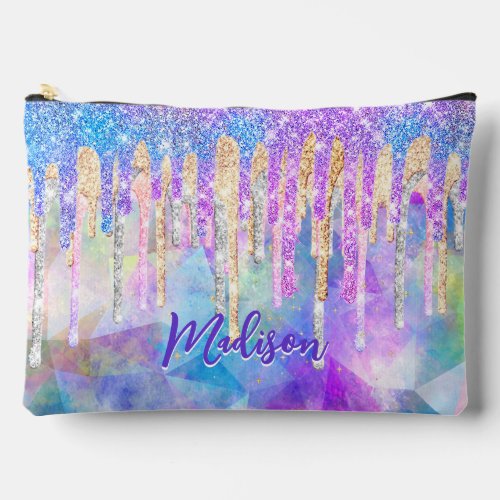 Chic blue aqua unicorn dripping glitter monogram accessory pouch