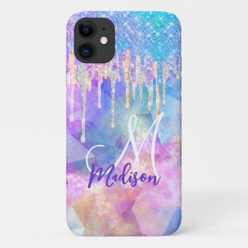 Chic blue aqua unicorn dripping glitter monogram iPhone 11 case