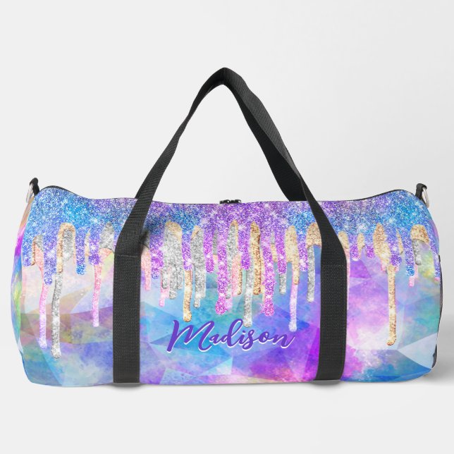 Chic blue aqua unicorn dripping glitter monogram  duffle bag (Front)