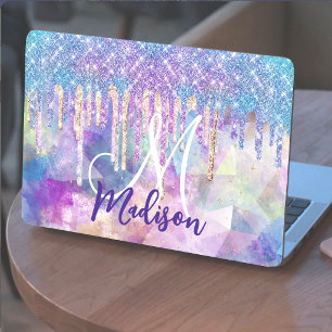 Chic blue aqua unicorn dripping glitter monogram HP laptop skin
