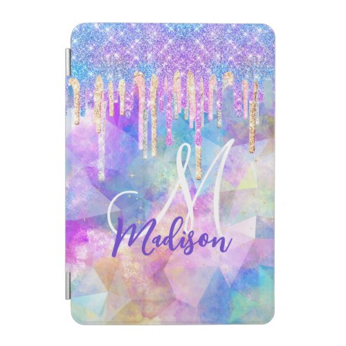 Chic blue aqua unicorn dripping glitter monogram iPad mini cover