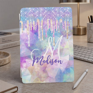 Chic blue aqua unicorn dripping glitter monogram iPad mini cover