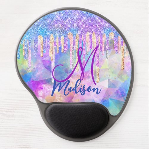 Chic blue aqua unicorn dripping glitter monogram m gel mouse pad