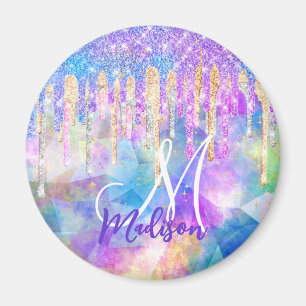 Chic blue aqua unicorn dripping glitter monogram m magnet