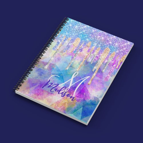 Chic blue aqua unicorn dripping glitter monogram notebook