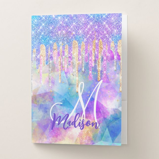 Chic blue aqua unicorn dripping glitter monogram pocket folder (Front)