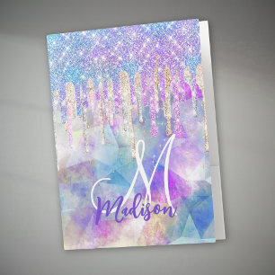 Chic blue aqua unicorn dripping glitter monogram pocket folder