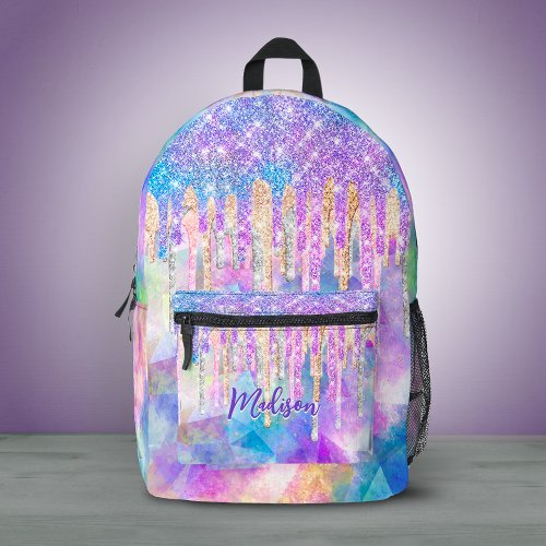 Chic blue aqua unicorn dripping glitter monogram  printed backpack