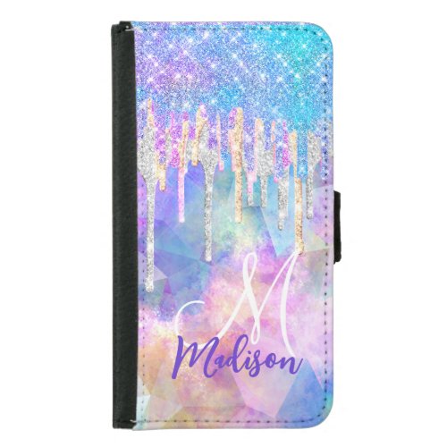 Chic blue aqua unicorn dripping glitter monogram samsung galaxy s5 wallet case