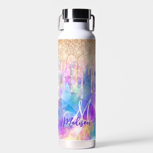 Chic blue aqua unicorn dripping glitter monogram water bottle (Front)