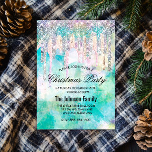 Chic blue aqua unicorn drips glitter Christmas Invitation
