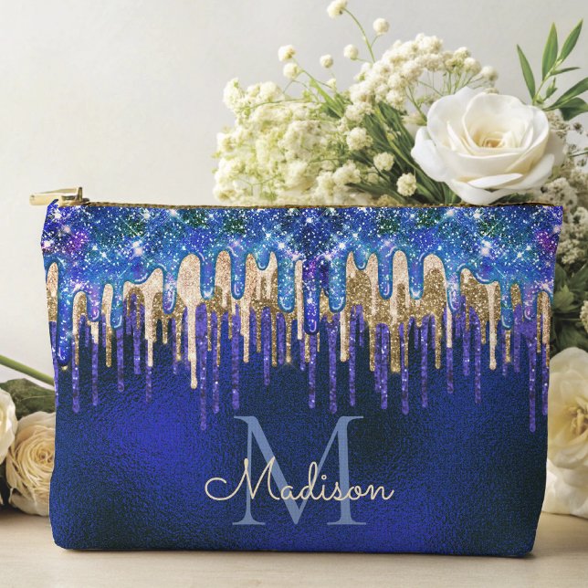 Chic blue aqua unicorn gold glitter drips monogram accessory pouch (Creator Uploaded)