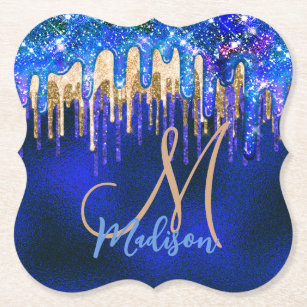 Chic blue aqua unicorn gold glitter drips monogram paper coaster