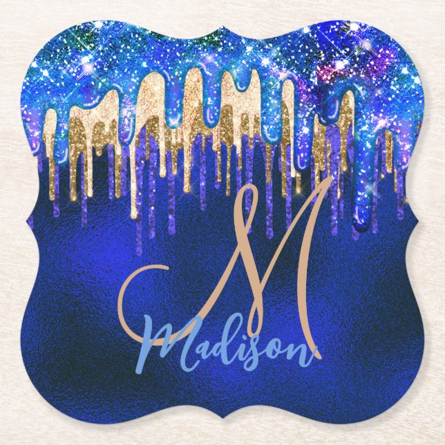 Chic blue aqua unicorn gold glitter drips monogram paper coaster (Front)