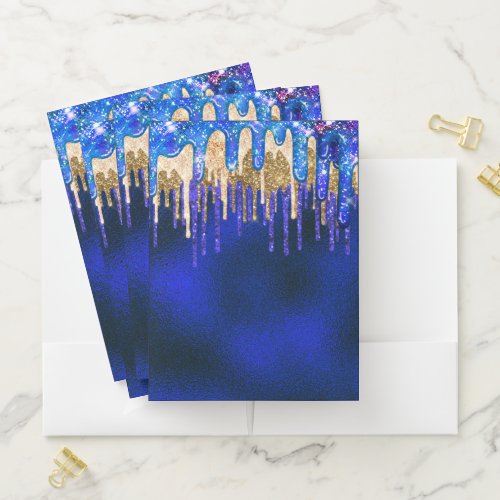 Chic blue aqua unicorn gold glitter drips monogram pocket folder