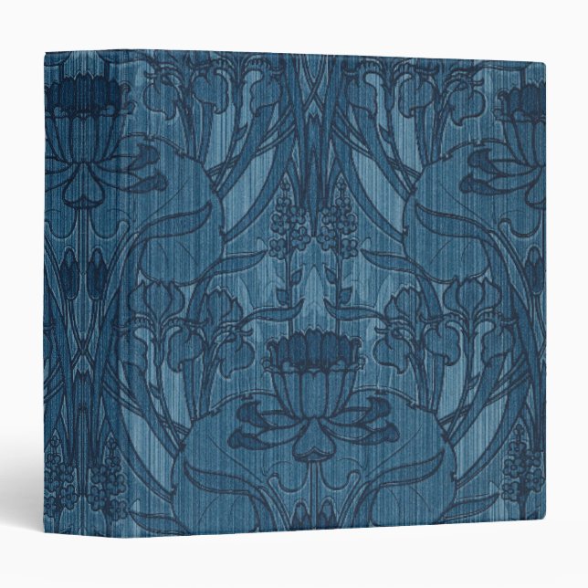 Chic Blue Art Nouveau Iris Botanical Pattern 3 Ring Binder (Front/Spine)