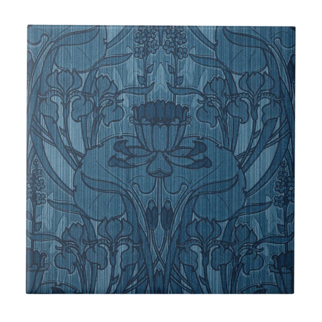 Chic Blue Art Nouveau Iris Botanical Pattern Ceramic Tile (Front)