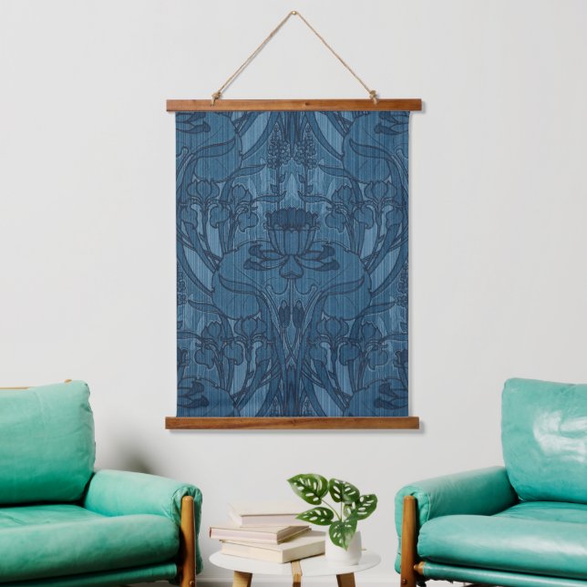 Chic Blue Art Nouveau Iris Botanical Pattern Hanging Tapestry (Living Room)