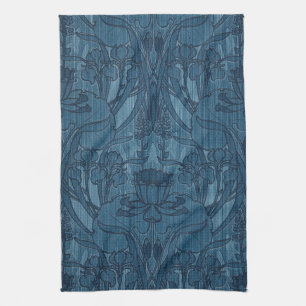 Chic Blue Art Nouveau Iris Botanical Pattern Kitchen Towel
