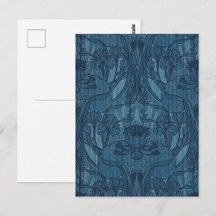 Chic Blue Art Nouveau Iris Botanical Pattern Postcard