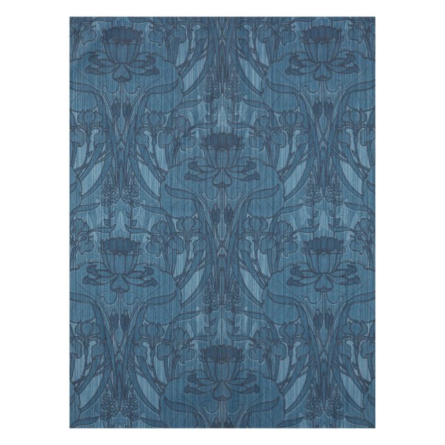 Chic Blue Art Nouveau Iris Botanical Pattern Tablecloth (Front)
