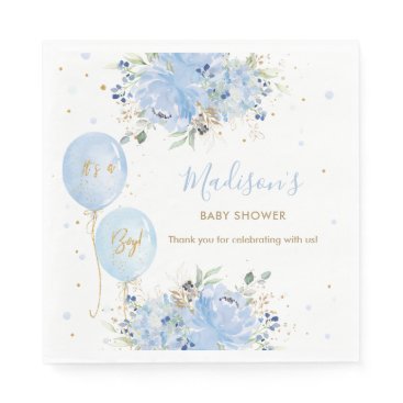 Chic Blue Balloons Blue Floral Boy Baby Shower Napkins