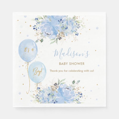 Chic Blue Balloons Blue Floral Boy Baby Shower Napkins