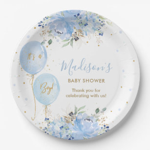 Chic Blue Balloons Blue Floral Boy Baby Shower Paper Plates