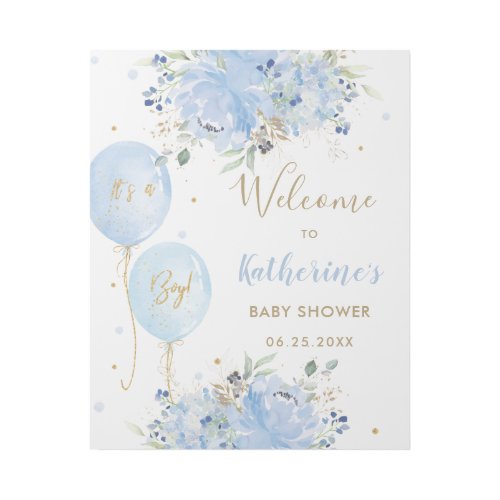 Chic Blue Balloons Floral Boy Baby Shower Welcome  Gallery Wrap