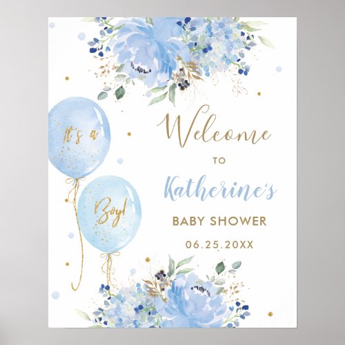 Chic Blue Balloons Floral Boy Baby Shower Welcome Poster