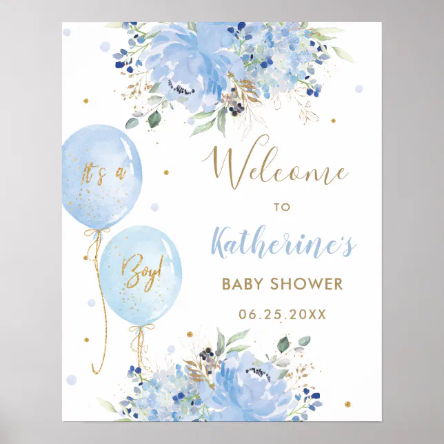 Chic Blue Balloons Floral Boy Baby Shower Welcome Poster | Zazzle