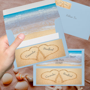 Chic Blue Beach 2 Hearts in Sand Wedding Envelope