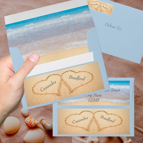 Chic Blue Beach 2 Hearts in Sand Wedding  Envelope