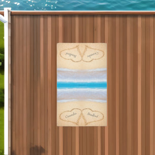 Chic Blue Beach Wedding 2 Hearts in Sand Outdoor Rug