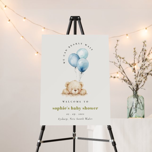 Chic Blue Bearly Wait Balloon Baby Shower Welcome Foam Board (In Situ (Stand))