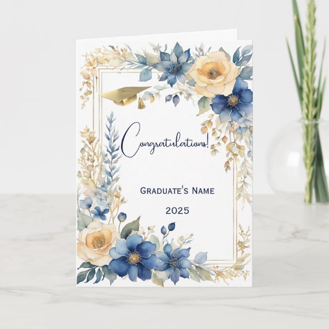Chic Blue Beige Flower Personalized Graduation Card (Front)