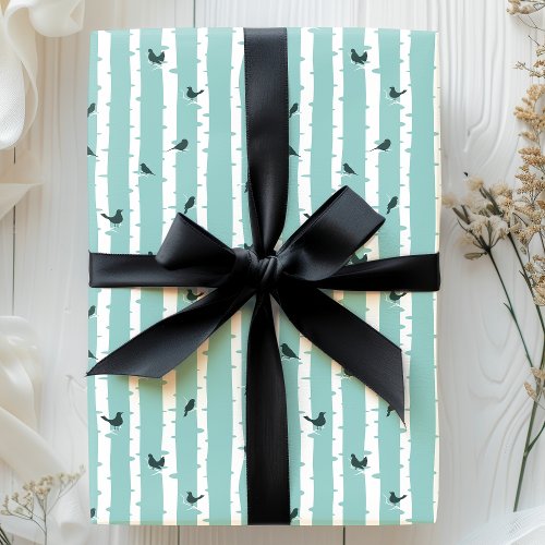 Chic Blue Birch Trees and Birds Pretty Wrapping Paper