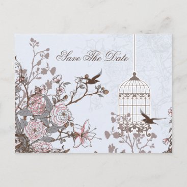 Chic blue bird cage, love birds save the dates announcement postcard