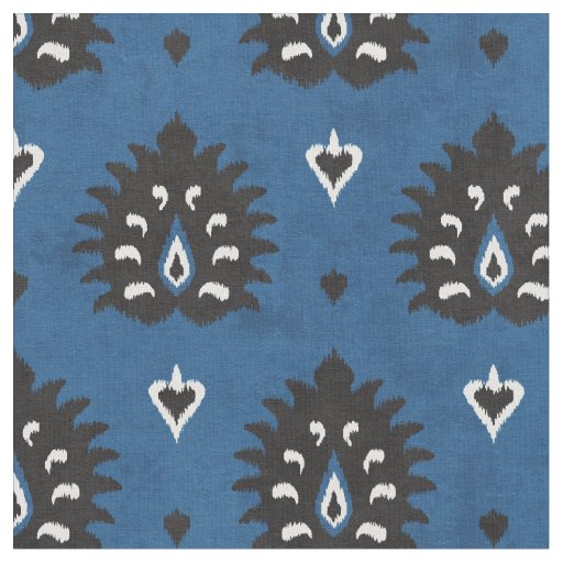 Chic blue black and white damask ikat pattern fabric