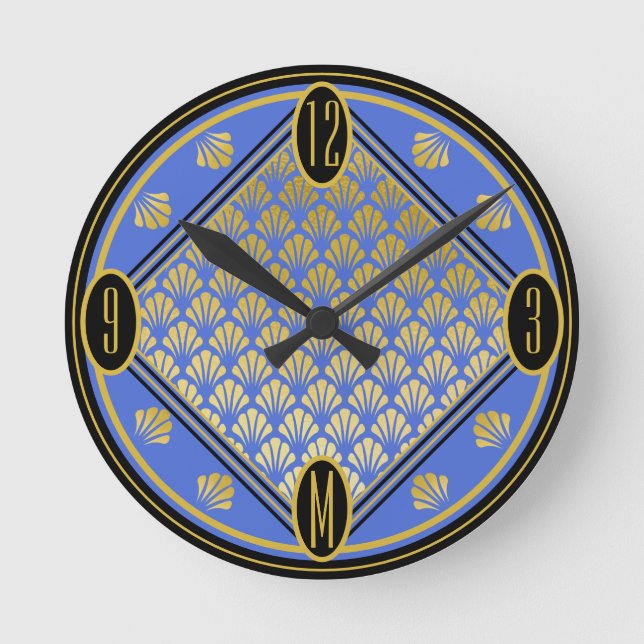 Chic Blue & Black Art Deco Fan Pattern Monogram Round Clock (Front)