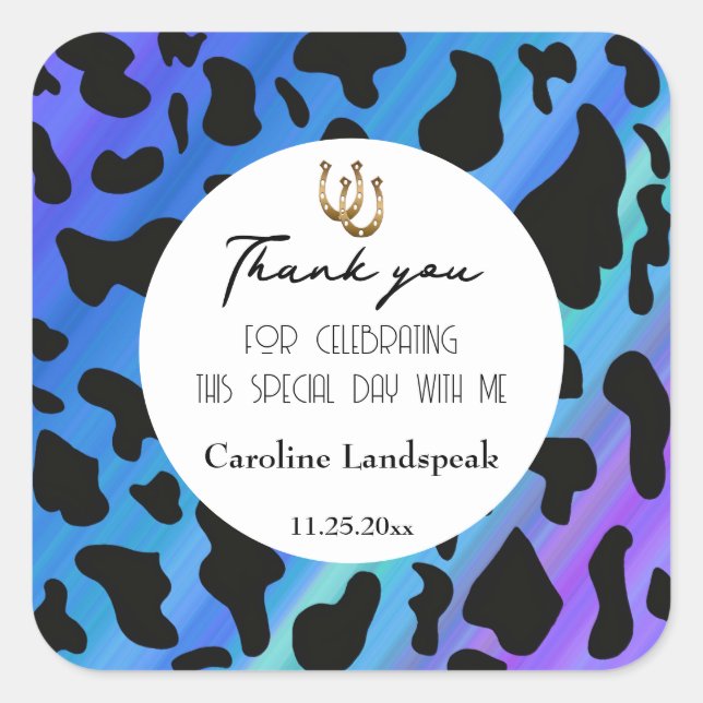 Chic Blue Black Cow Spots Thank You Square Sticker (Front)