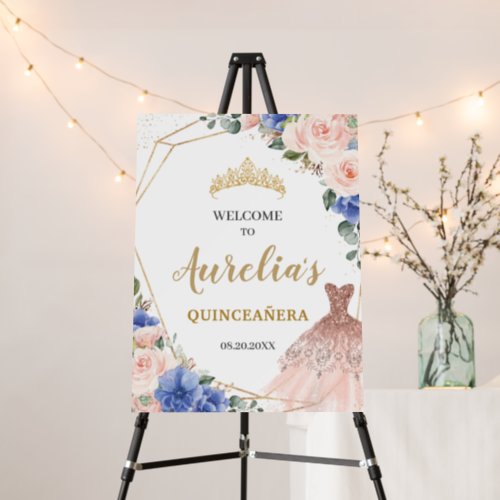Chic Blue Blush Floral Gown Quinceaera Welcome    Foam Board