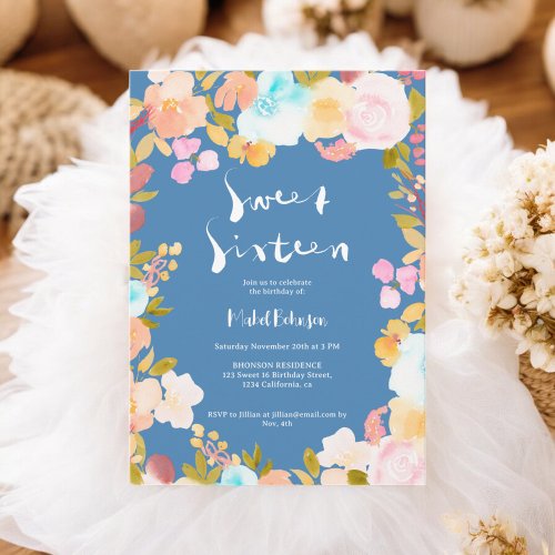 Chic blue boho floral watercolor script Sweet 16  Invitation