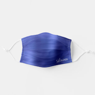Chic Blue Brushed Metallic White Script Adult Cloth Face Mask