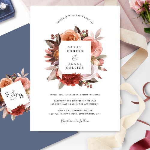 Chic Blue Burgundy Blush and Pink Floral Wedding Invitation