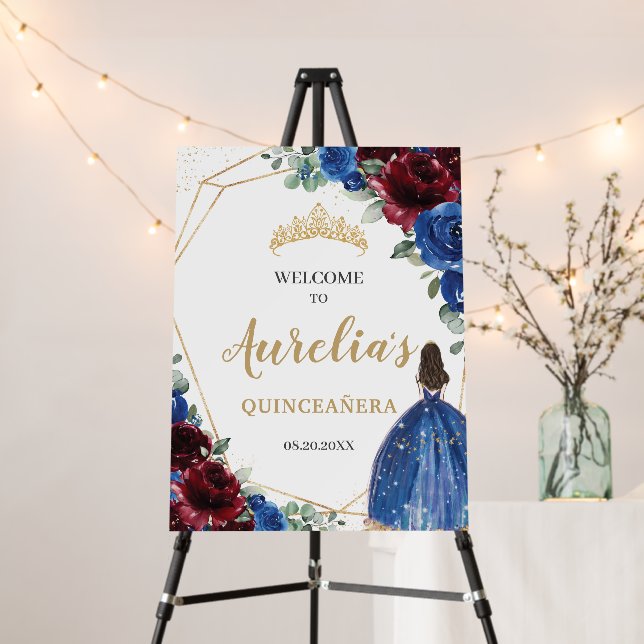Chic Blue Burgundy Floral Quinceañera Welcome    Foam Board (In Situ (Stand))