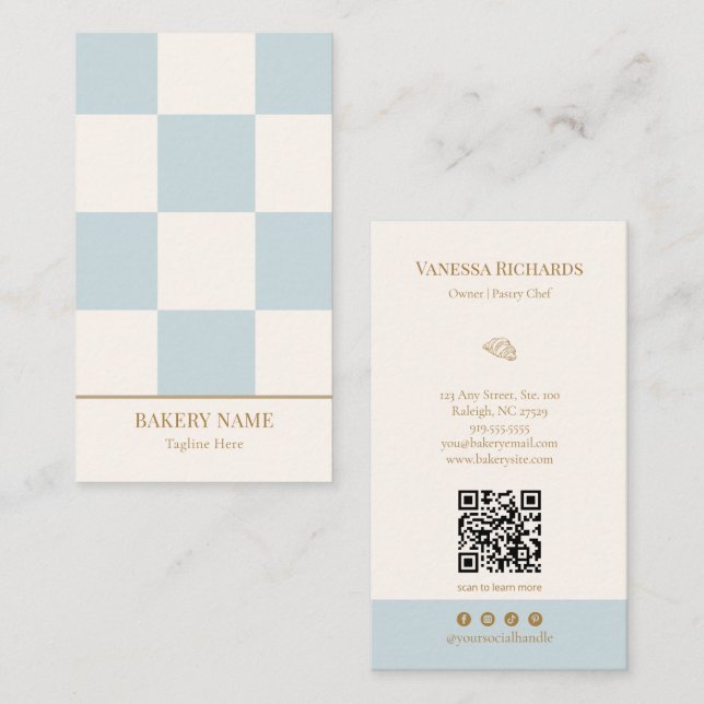 Chic Blue Checkered Bakery QR Code Vertical Business Card (Front/Back)